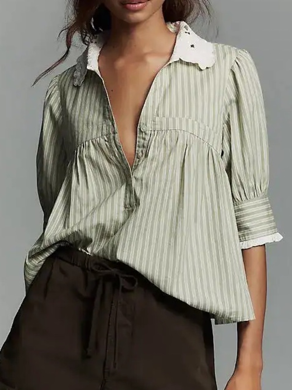 Anthropologie Long-Sleeve Collared Babydoll Top - Green Stripe Medium Petite MP